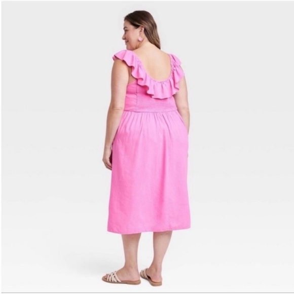 Ava & Viv Coquette Soft Girl Ruffle Neck Sleeveless Smocked Linen Midi Dress. - Picture 3 of 9